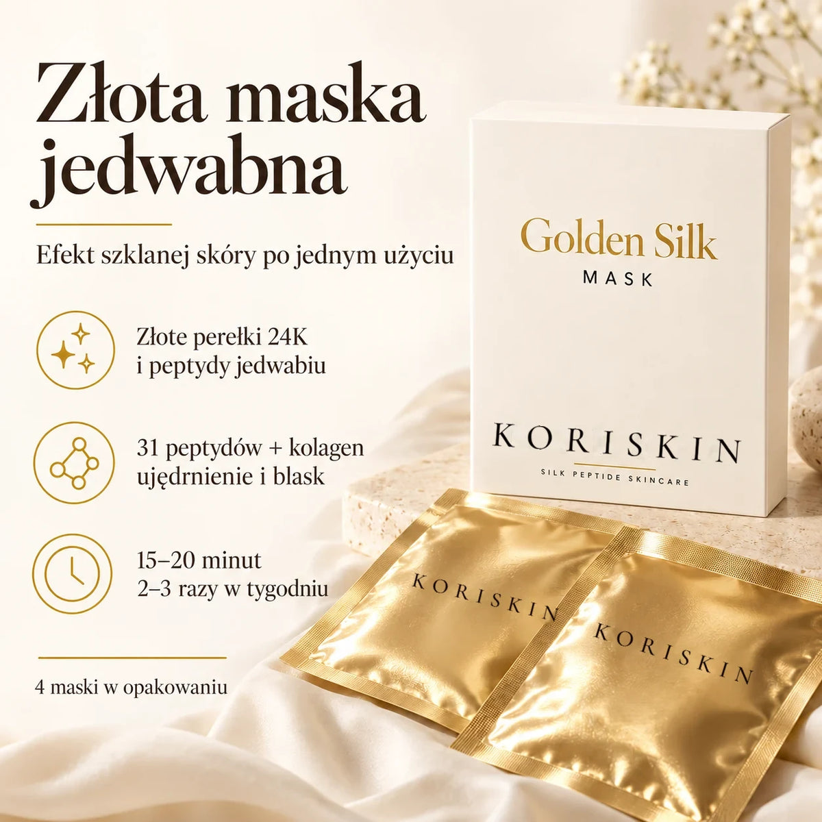 Złota maska jedwabna KORISKIN – złote perełki 24K i peptydy jedwabiu