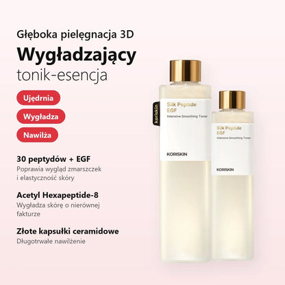 KORISKIN Silk Peptide EGF Toner – wygładzający tonik-esencja: 30 peptydów + EGF, Acetyl Hexapeptide-8, złote kapsułki ceramidowe