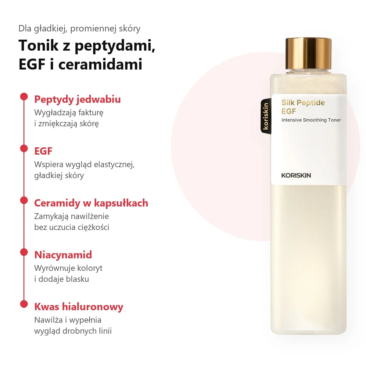KORISKIN Silk Peptide EGF Toner – składniki: peptydy jedwabiu, EGF, ceramidy, niacynamid, kwas hialuronowy