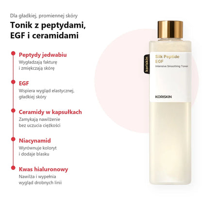 KORISKIN Silk Peptide EGF Toner – składniki: peptydy jedwabiu, EGF, ceramidy, niacynamid, kwas hialuronowy